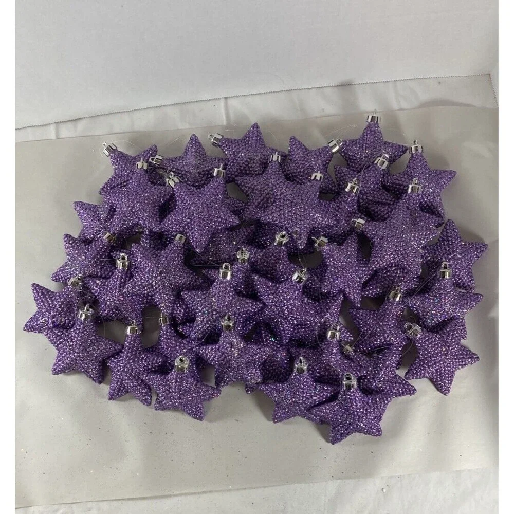 Purple Glitter Christmas Ornaments Stars Holiday Decor Lot Of 48 Vintage Violet